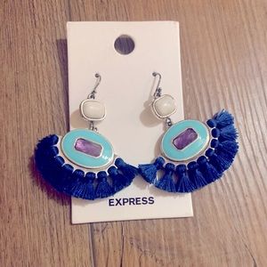 Statement earrings, blue fringe, geometric